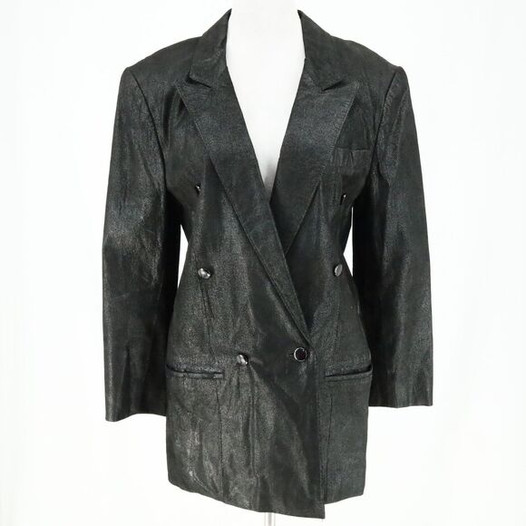 Pelle Leather Jacket Womens Small Black Shimmer Blazer Lined 90s Y2K Vintage - Picture 1 of 15